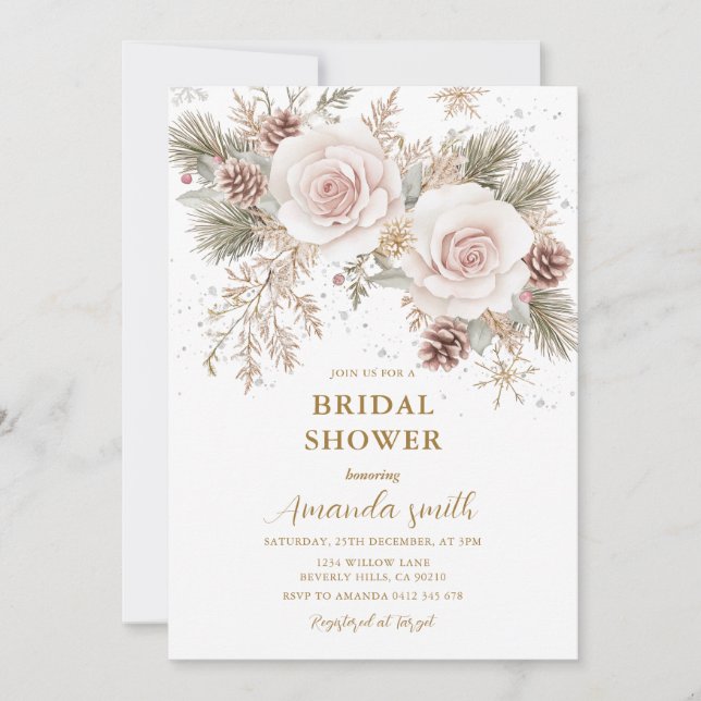 Frosty Flowers Winter Pink Christmas Bridal Shower Invitation (Front)