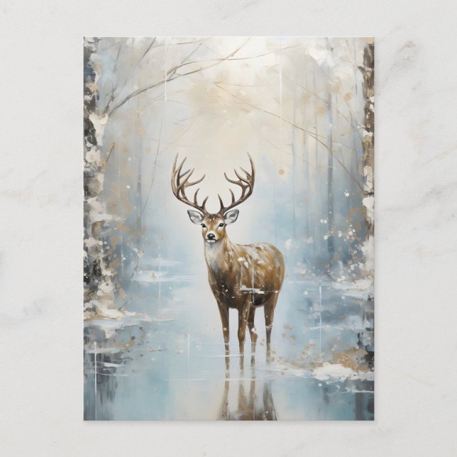 Frosty Forest Woodland Deer Holiday Postcard (Front)