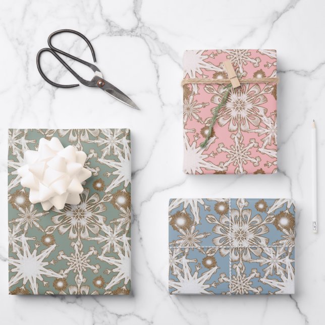 Frosty Gold Trimmed Snowflakes  Wrapping Paper Sheet (Front)