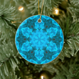 Frosty Ice Blue Snowflake Kaleidoscope Pattern Ceramic Tree Decoration