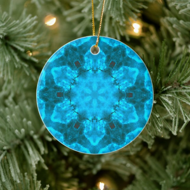 Frosty Ice Blue Snowflake Kaleidoscope Pattern Ceramic Tree Decoration (Tree)