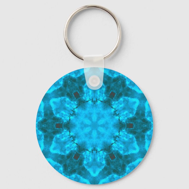 Frosty Ice Blue Snowflake Kaleidoscope Pattern Key Ring (Front)