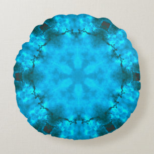 Frosty Ice Blue Snowflake Kaleidoscope Pattern Round Cushion