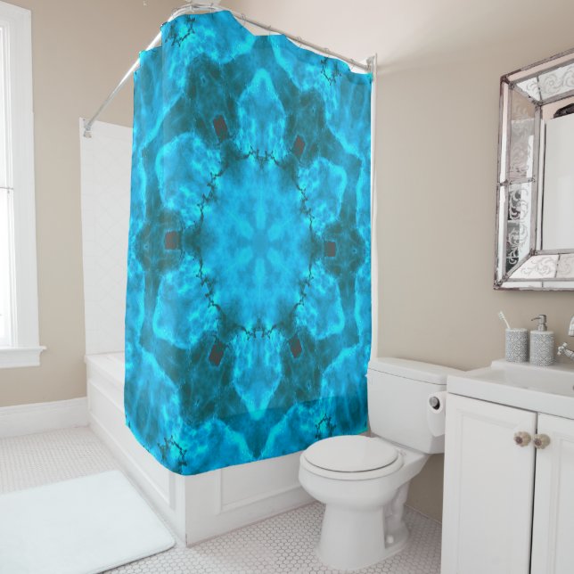 Frosty Ice Blue Snowflake Kaleidoscope Pattern Shower Curtain (In Situ)