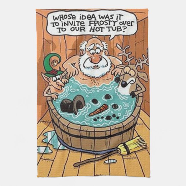 Frosty In A Hot Tub Tea Towel (Vertical)