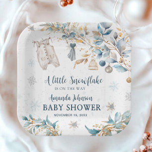 Frosty Little Snowflake Clothesline Baby Shower Paper Plate