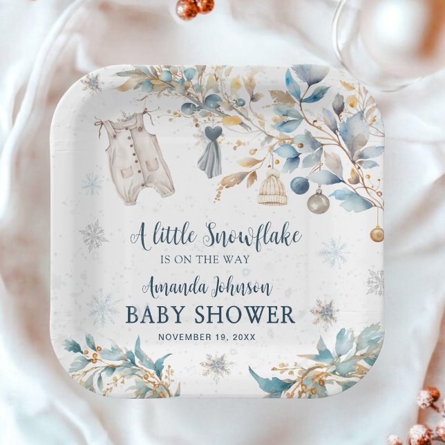 Frosty Little Snowflake Clothesline Baby Shower Paper Plate (Creator Uploaded)