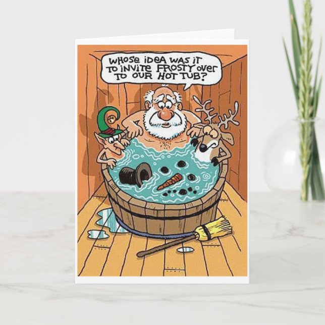 Frosty Melting in Hot Tub Holiday Card (Front)