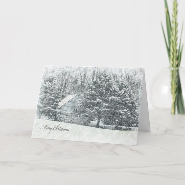 frosty Merry Christmas country cabin Holiday Card (Front)