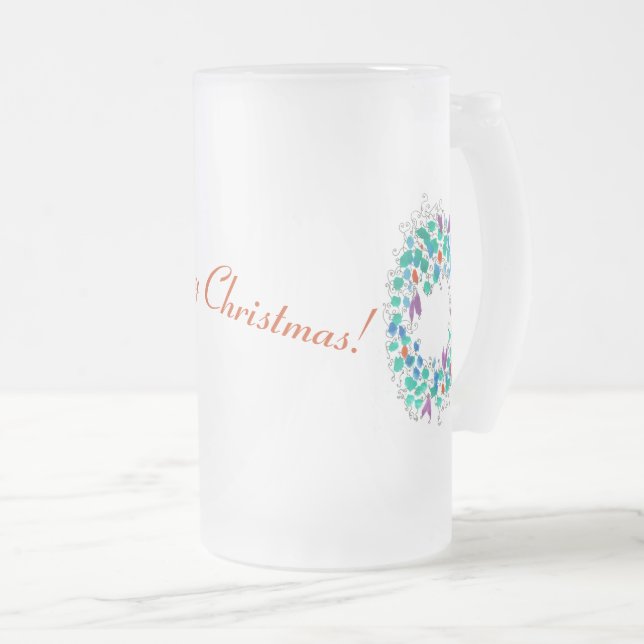 Frosty Merry Christmas Wreath Frosted Glass Beer Mug (Front Right)