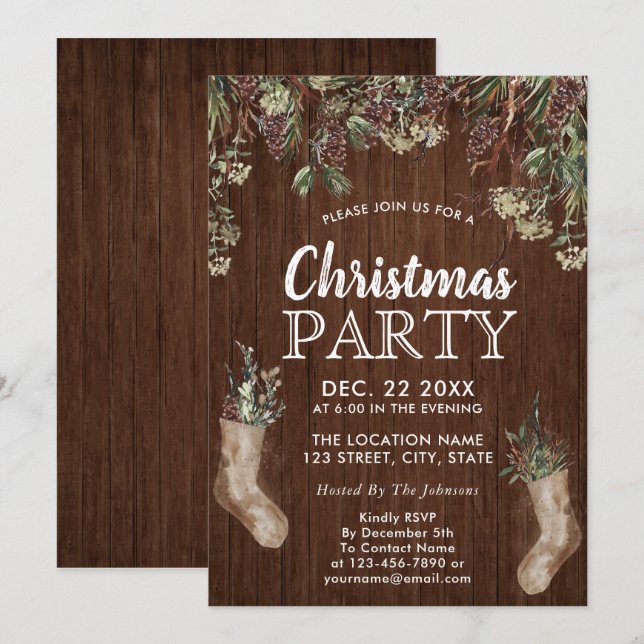FROSTY PINES | Rustic Wood White Christmas Party Invitation (Front/Back)