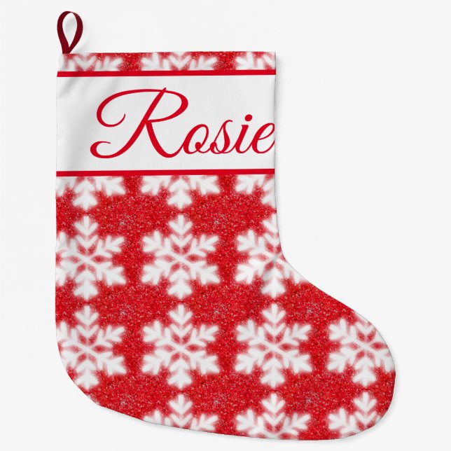 Frosty red North Pole snowflakes | sparkling snow Large Christmas Stocking (Front)