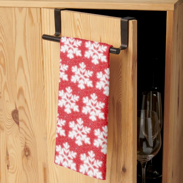 Frosty red North Pole snowflakes | sparkling snow  Tea Towel (Thirds Fold)