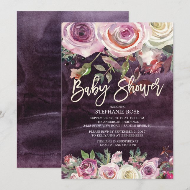 Frosty Rose Purple Floral Baby Shower Invitation (Front/Back)
