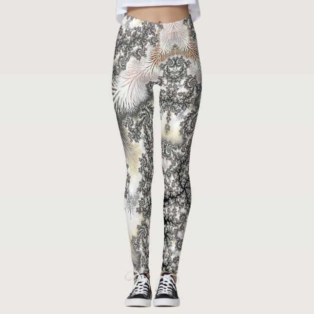 Frosty Silver Ice Crystals Frozen Look Fractal Art Leggings (Front)
