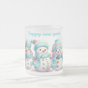 Frosty Sky Blue Snowmen  Frosted Glass Coffee Mug
