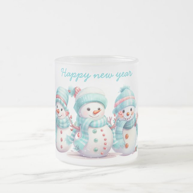 Frosty Sky Blue Snowmen  Frosted Glass Coffee Mug (Center)