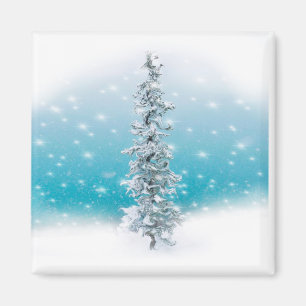 Frosty snow scene pine tree snowflakes magnet