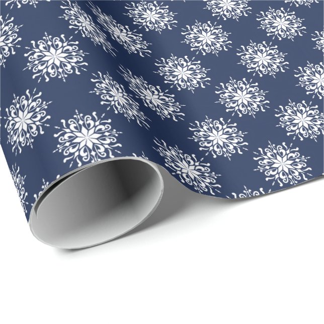 Frosty Snowflake Design on a Midnight Blue Sky Wrapping Paper (Roll Corner)