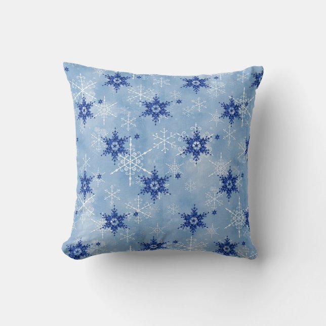 Frosty Snowflake Winter Christmas Navy Blue White Cushion (Front)