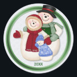 Frosty Snowman Family - Blue Classic Round Sticker<br><div class="desc">Frosty the Snowman with Mrs Frosty and baby boy Frosty. They are all dressed up in scarf and mittens. Text says Our First Family Christmas 20XX. Great  holiday keepsake for a special day.</div>
