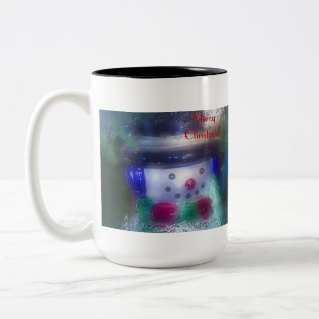 Frosty Snowman Merry Christmas Two-Tone Coffee Mug (Left)