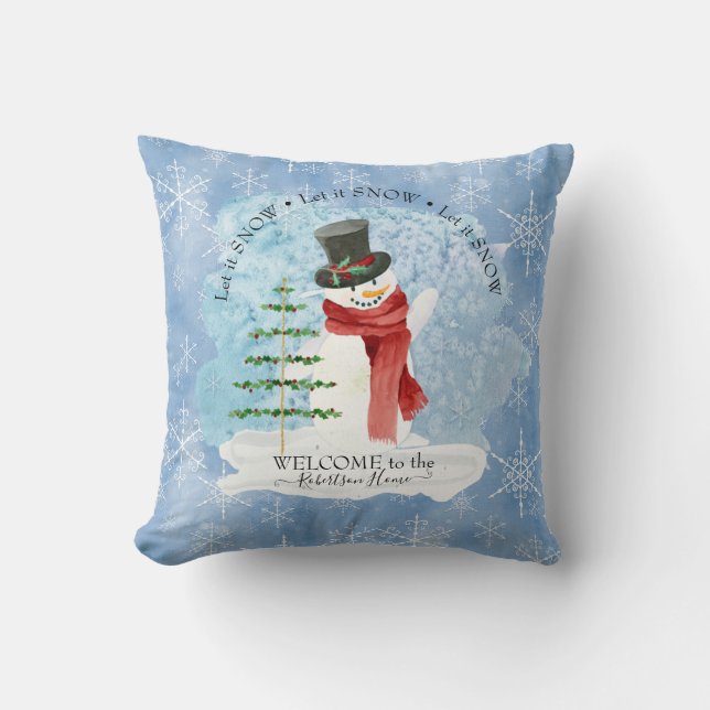 Frosty Snowman Winter Retro Christmas Snowflakes Cushion (Front)