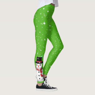 Frosty Snowman with Hat and Scarf on Bright Green Leggings
