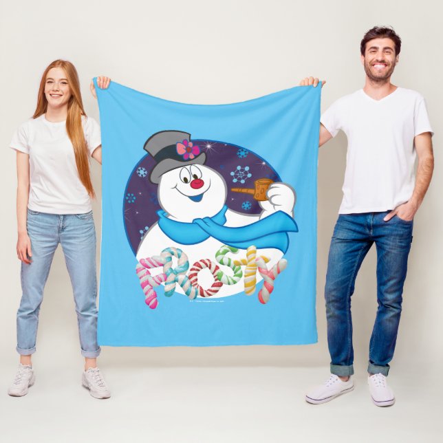 Frosty the Snowman™ | Colourful Candy Cane Name Fleece Blanket (In Situ)
