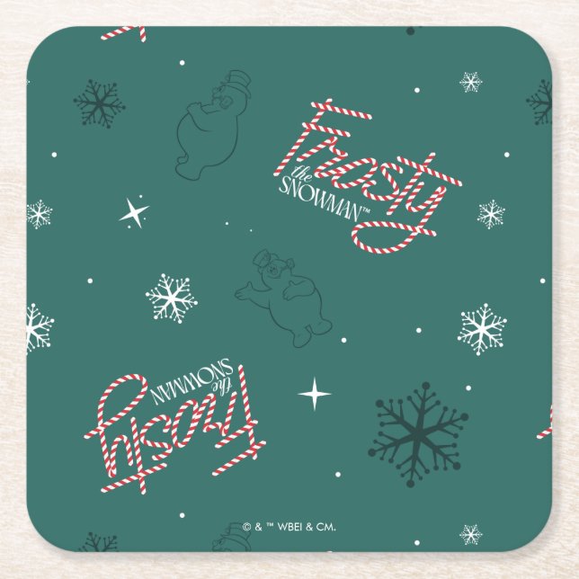 Frosty the Snowman Green Snowflake Pattern Square Paper Coaster (Front)