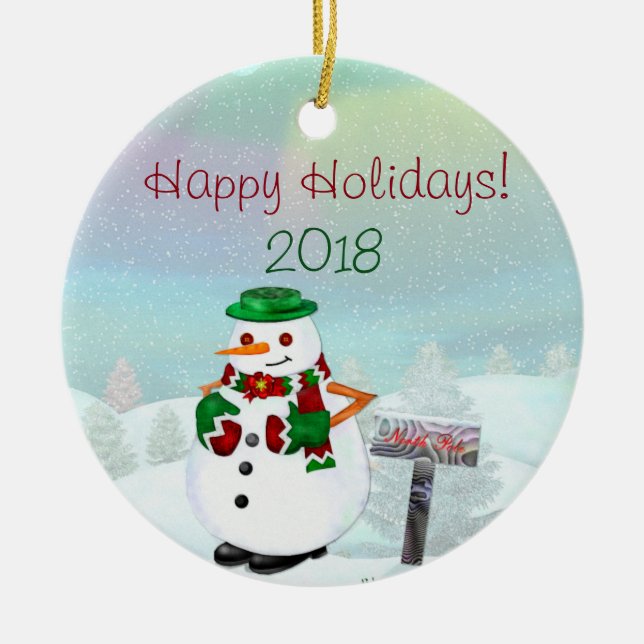 Frosty Town Christmas PERSONALIZED CIRCLE ONLY Ceramic Tree Decoration (Front)