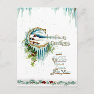 Frosty Winter Christmas Greetings w/Holly Border Postcard
