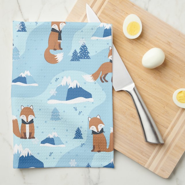 Frosty Winter Foxes Tea Towel (Quarter Fold)