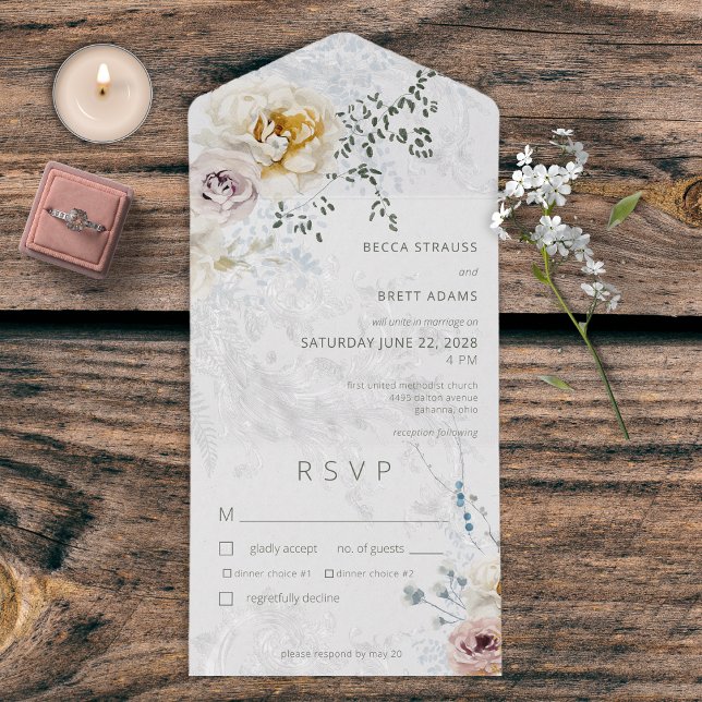 Frosty Winter Pastel Floral Modern Dinner All In One Invitation (Also available with a QR code or without dinner selection options.)