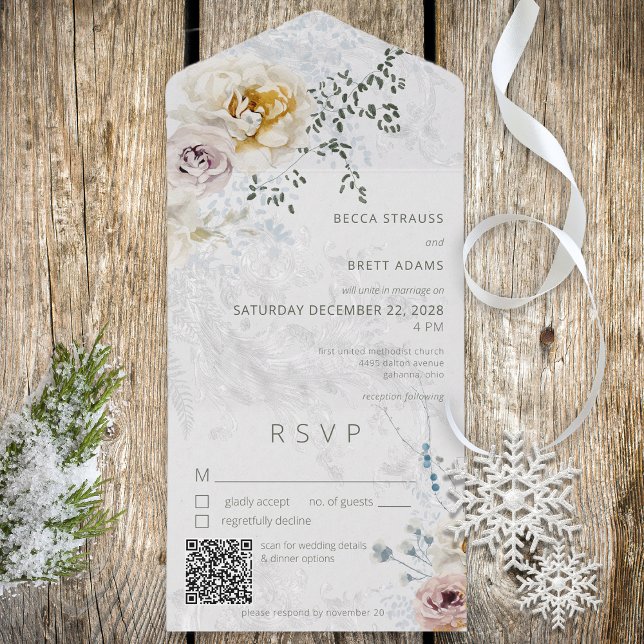 Frosty Winter Pastel Floral Modern QR Code All In One Invitation (Also available without a QR code; with or without dinner selection options.)