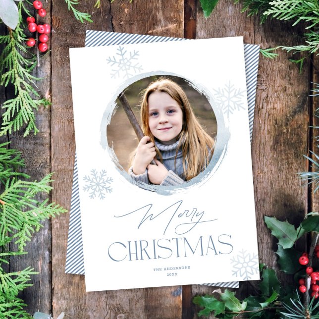 Frosty Winter Snowflake Blue Merry Christmas Photo Holiday Card (Creator Uploaded)