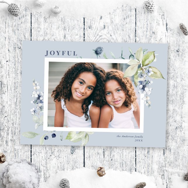 Frosty Winter Watercolor Foliage Berries Photo Holiday Card (Creator Uploaded)