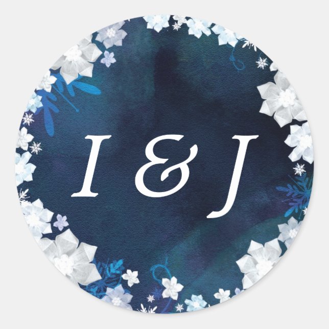 Frosty Winter Wedding Monograms Classic Round Sticker (Front)
