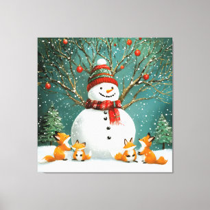 Frosty Winter Whimsical Snowman Fox Wonderland Canvas Print