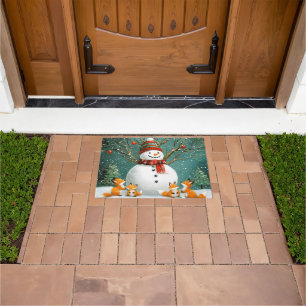 Frosty Winter Whimsical Snowman Fox Wonderland Doormat