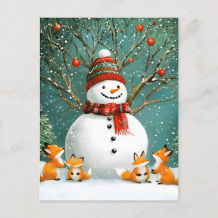Frosty Winter Whimsical Snowman Fox Wonderland Holiday Postcard