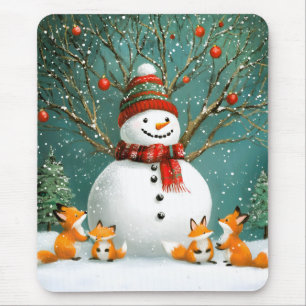 Frosty Winter Whimsical Snowman Fox Wonderland Mouse Mat