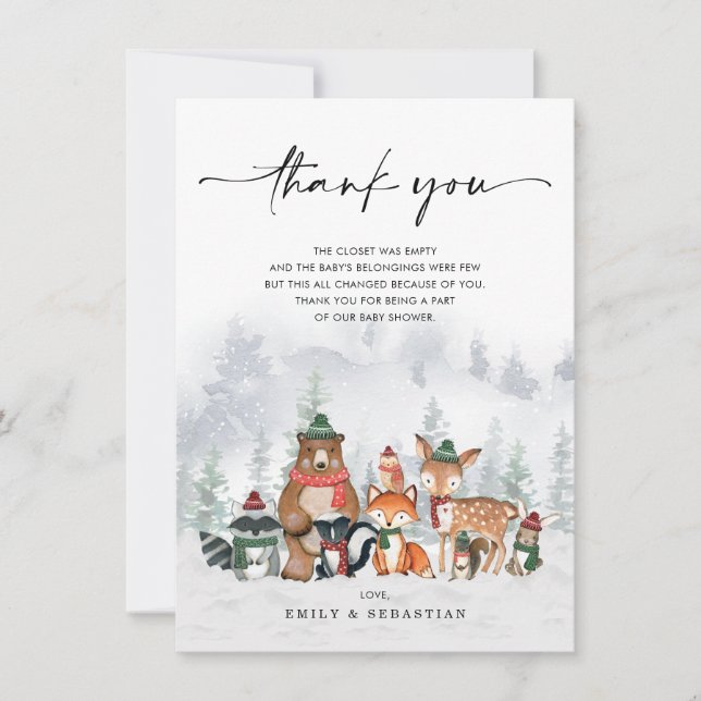 Frosty Winter Woodland Animals Forest Baby Shower Thank You Card (Front)