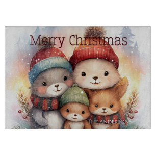 Frosty Woodland Family Merry Christmas Glass Cutting Board
