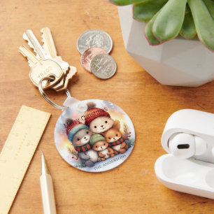 Frosty Woodland Family Personalize Merry Christmas Key Ring