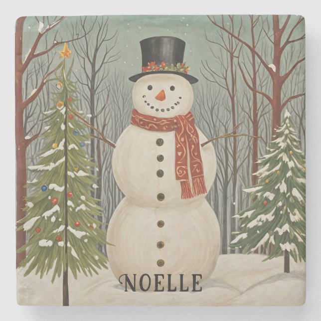 Frosty's Snowy Scene Personalised Christmas Stone Coaster (Front)