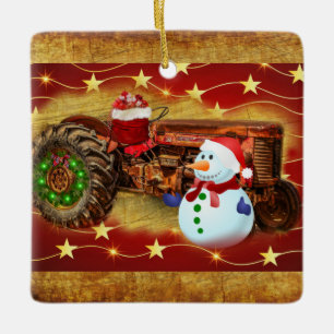 Frosty's Vintage Red Tractor Christmas Ceramic Ornament