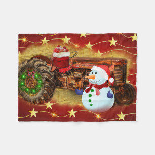 Frosty's Vintage Red Tractor Christmas Fleece Blanket