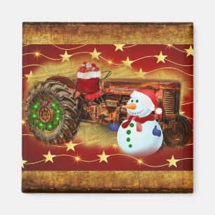 Frosty's Vintage Red Tractor Christmas Magnet