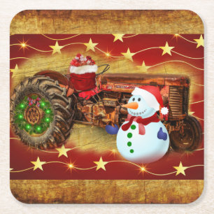Frosty's Vintage Red Tractor Christmas Square Paper Coaster